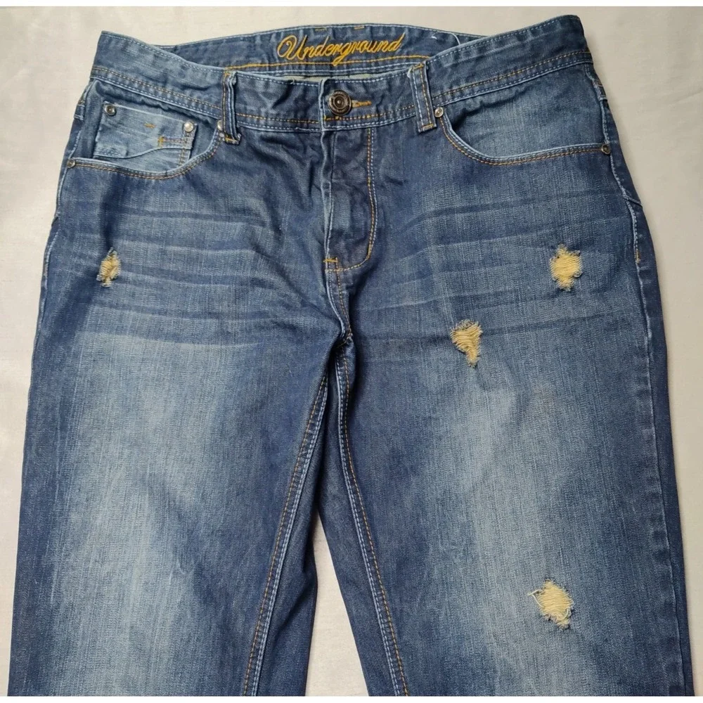 UNDERGROUND INDUSTRY Men 36X34 Distressed Denim Designer‎ Blue Jeans